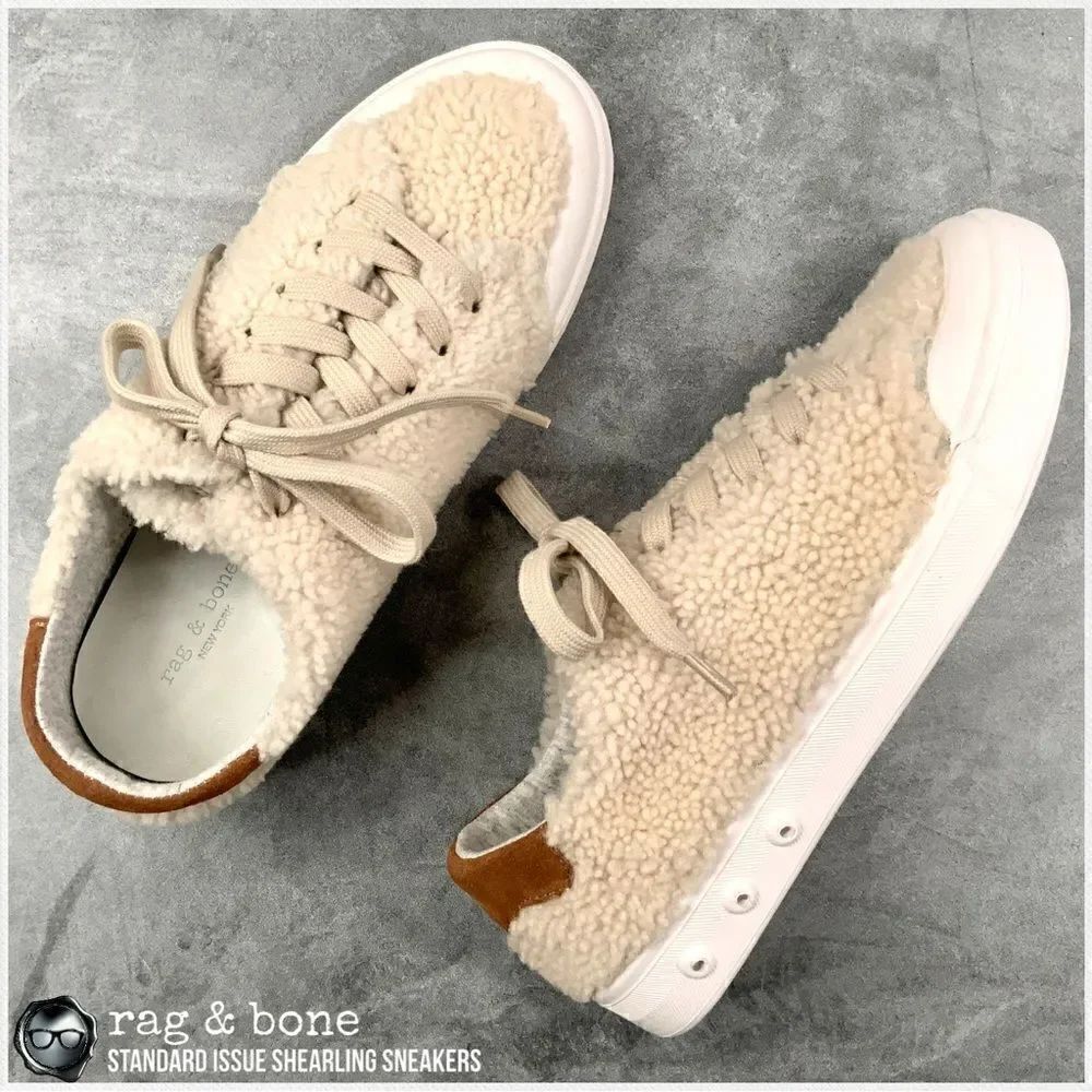 RAG & BONE STANDARD ISSUE SHEARLING LACE UP SNEAKERS IN IVORY RETRO SIZE 7.5